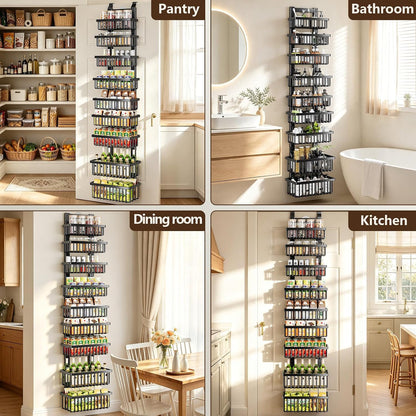 9 Tier Over The Door Pantry Organizer, 2 in 1 Wall Mount or Hanging Spice Rack with Adjustable Deep Basket, Heavy-Duty Seasoning Organizer and Storage for Kitchen Cabinet Closet Bathroom