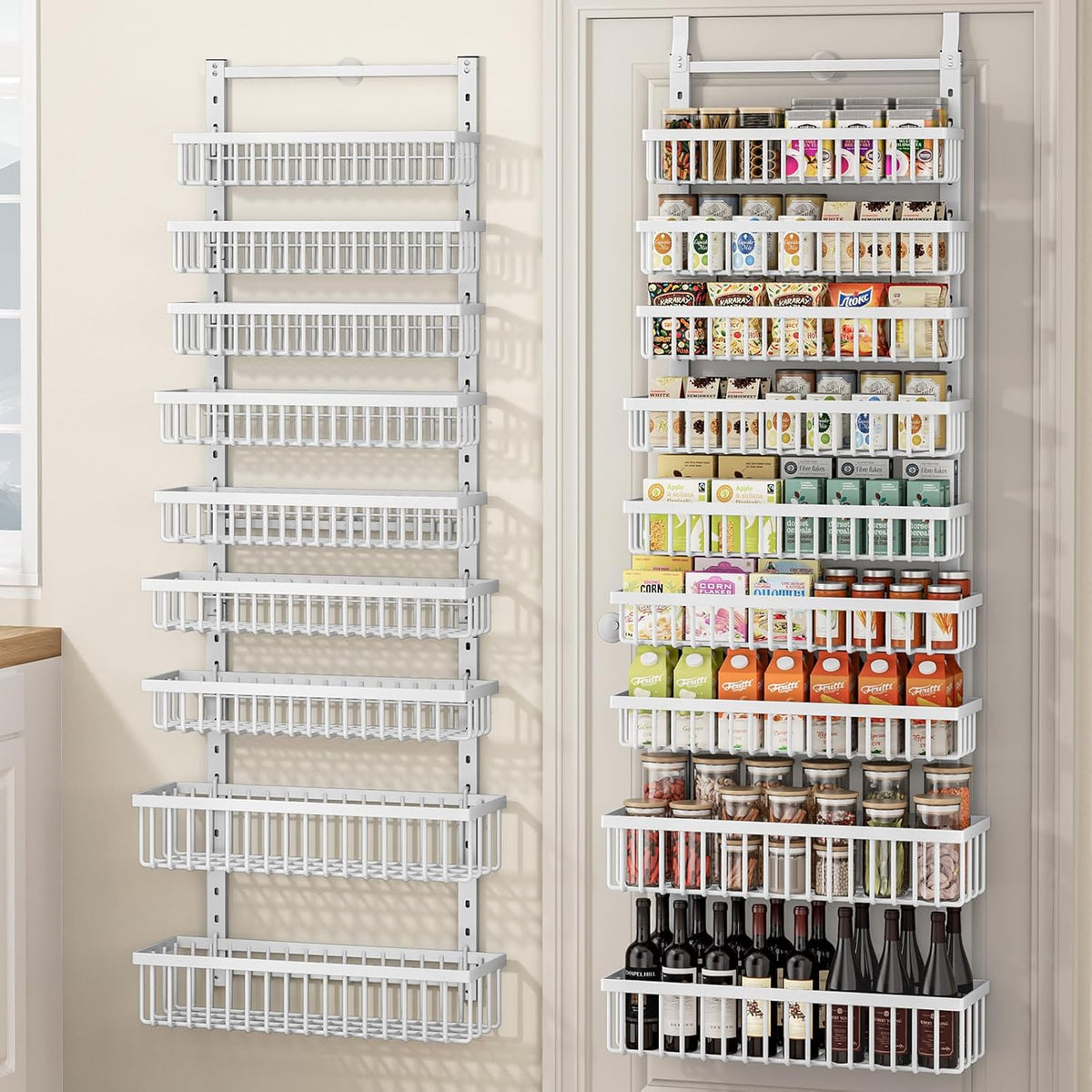 9 Tier Over The Door Pantry Organizer, 2 in 1 Wall Mount or Hanging Spice Rack with Adjustable Deep Basket, Heavy-Duty Seasoning Organizer and Storage for Kitchen Cabinet Closet Bathroom