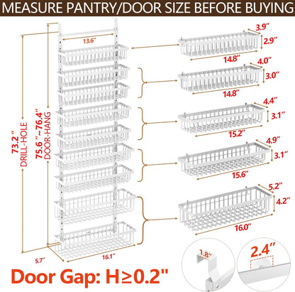 9 Tier Over The Door Pantry Organizer, 2 in 1 Wall Mount or Hanging Spice Rack with Adjustable Deep Basket, Heavy-Duty Seasoning Organizer and Storage for Kitchen Cabinet Closet Bathroom