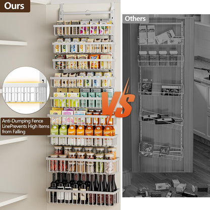 9 Tier Over The Door Pantry Organizer, 2 in 1 Wall Mount or Hanging Spice Rack with Adjustable Deep Basket, Heavy-Duty Seasoning Organizer and Storage for Kitchen Cabinet Closet Bathroom