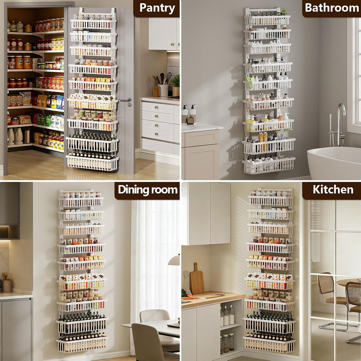 9 Tier Over The Door Pantry Organizer, 2 in 1 Wall Mount or Hanging Spice Rack with Adjustable Deep Basket, Heavy-Duty Seasoning Organizer and Storage for Kitchen Cabinet Closet Bathroom