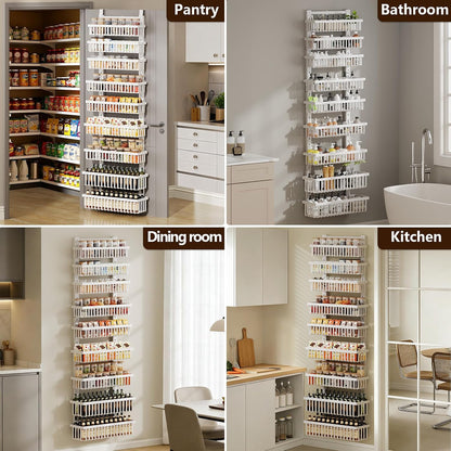 9 Tier Over The Door Pantry Organizer, 2 in 1 Wall Mount or Hanging Spice Rack with Adjustable Deep Basket, Heavy-Duty Seasoning Organizer and Storage for Kitchen Cabinet Closet Bathroom