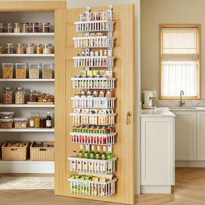 9 Tier Over The Door Pantry Organizer, 2 in 1 Wall Mount or Hanging Spice Rack with Adjustable Deep Basket, Heavy-Duty Seasoning Organizer and Storage for Kitchen Cabinet Closet Bathroom