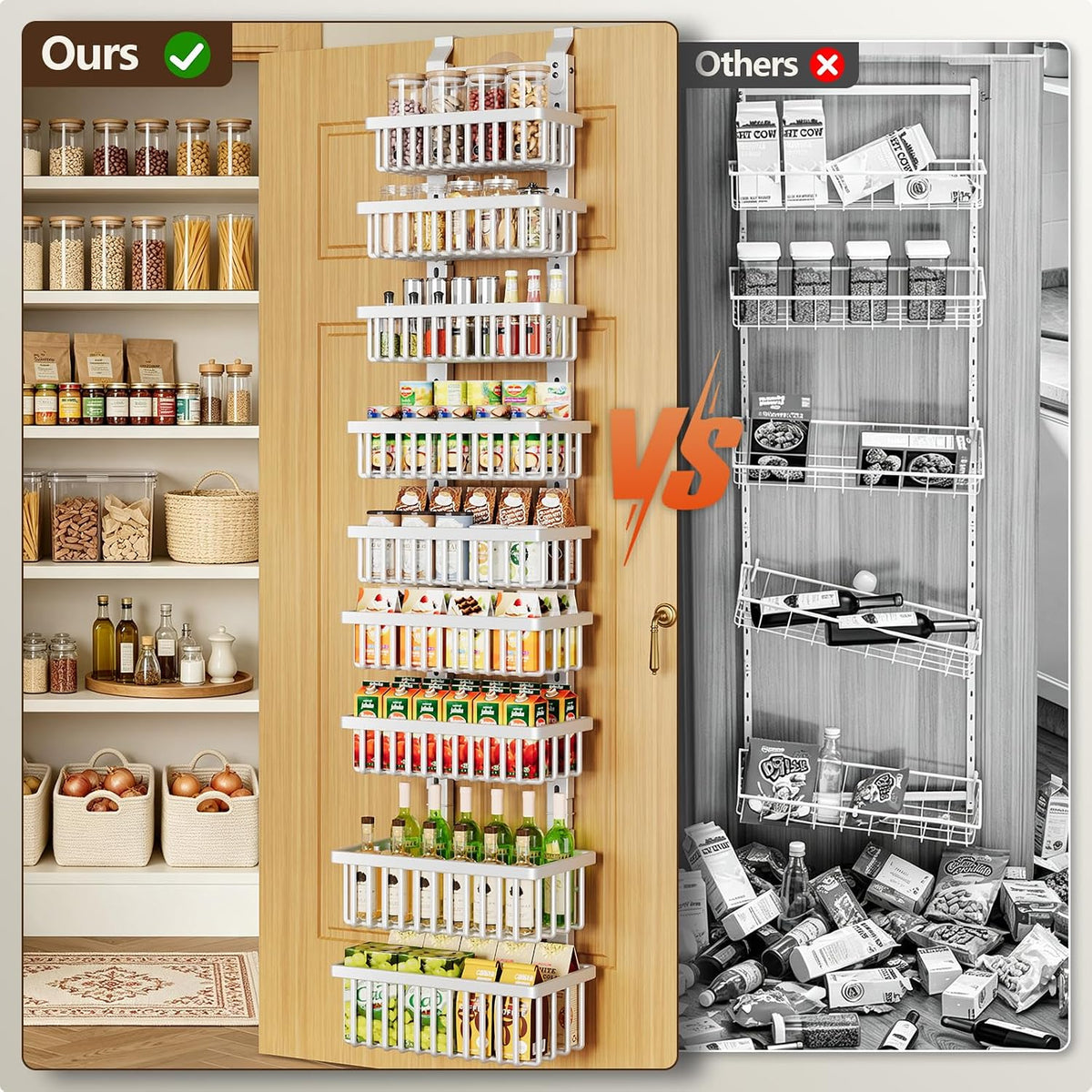 9 Tier Over The Door Pantry Organizer, 2 in 1 Wall Mount or Hanging Spice Rack with Adjustable Deep Basket, Heavy-Duty Seasoning Organizer and Storage for Kitchen Cabinet Closet Bathroom