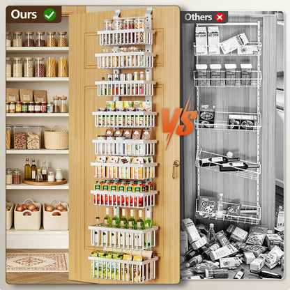 9 Tier Over The Door Pantry Organizer, 2 in 1 Wall Mount or Hanging Spice Rack with Adjustable Deep Basket, Heavy-Duty Seasoning Organizer and Storage for Kitchen Cabinet Closet Bathroom