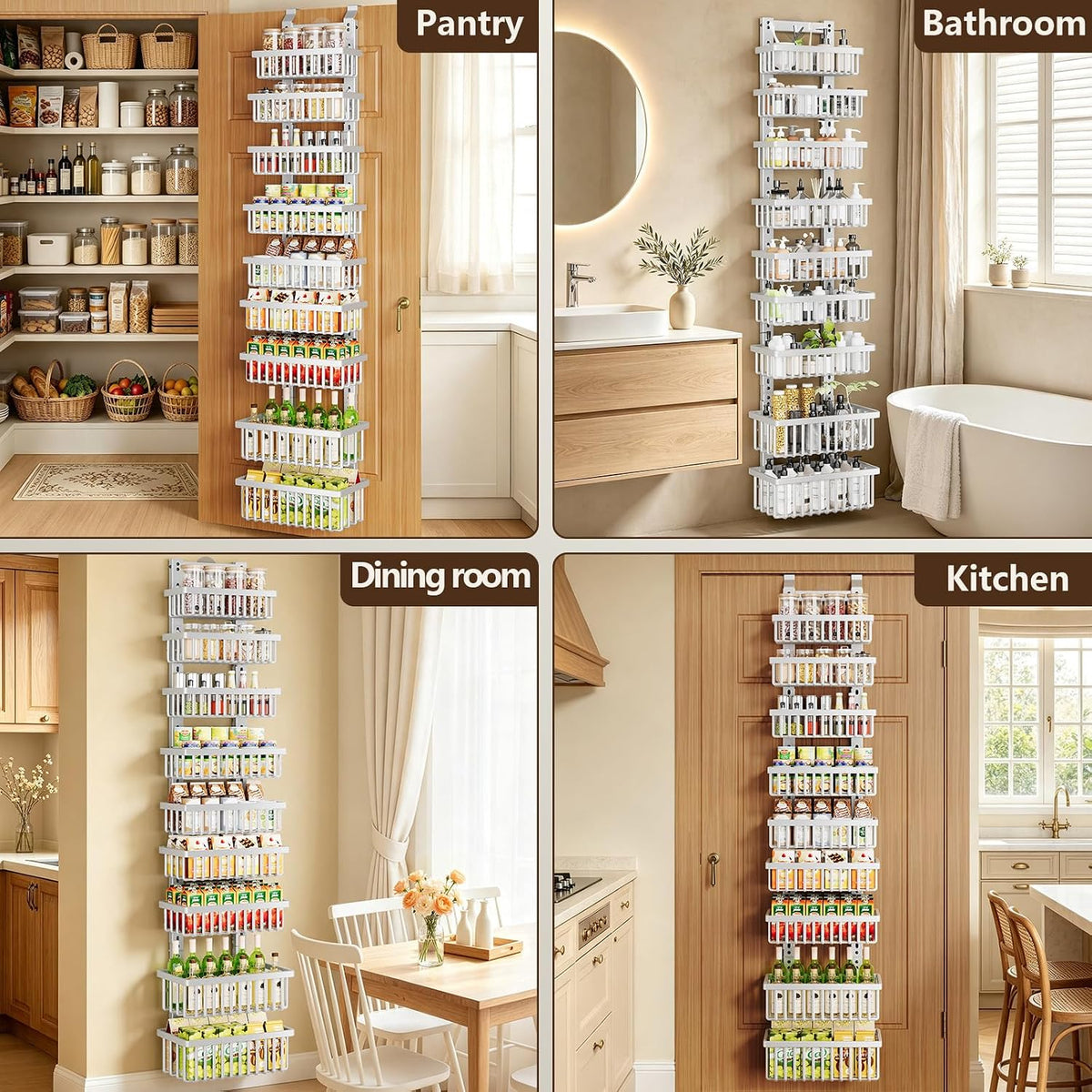 9 Tier Over The Door Pantry Organizer, 2 in 1 Wall Mount or Hanging Spice Rack with Adjustable Deep Basket, Heavy-Duty Seasoning Organizer and Storage for Kitchen Cabinet Closet Bathroom