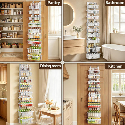 9 Tier Over The Door Pantry Organizer, 2 in 1 Wall Mount or Hanging Spice Rack with Adjustable Deep Basket, Heavy-Duty Seasoning Organizer and Storage for Kitchen Cabinet Closet Bathroom