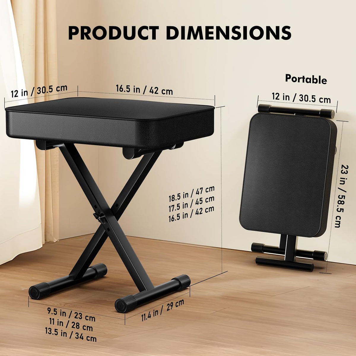 GLEAM Keyboard Bench Padded Cushion X-Style Height Adjustable 16.5''-18.5'', Piano Stool, Keyboard Chair, Black
