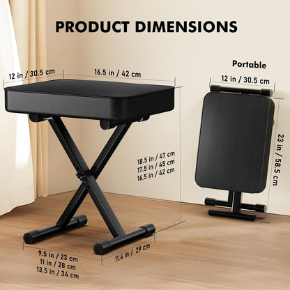 GLEAM Keyboard Bench Padded Cushion X-Style Height Adjustable 16.5''-18.5'', Piano Stool, Keyboard Chair, Black