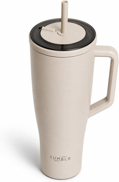 40 oz Tumbler With Straw and Handle, Leak Proof, Beige, 40 fl oz