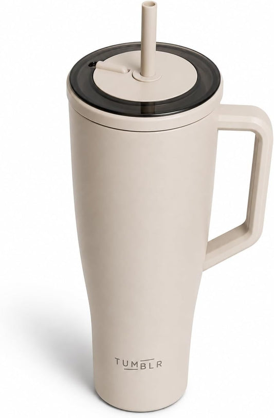 40 oz Tumbler With Straw and Handle, Leak Proof, Beige, 40 fl oz