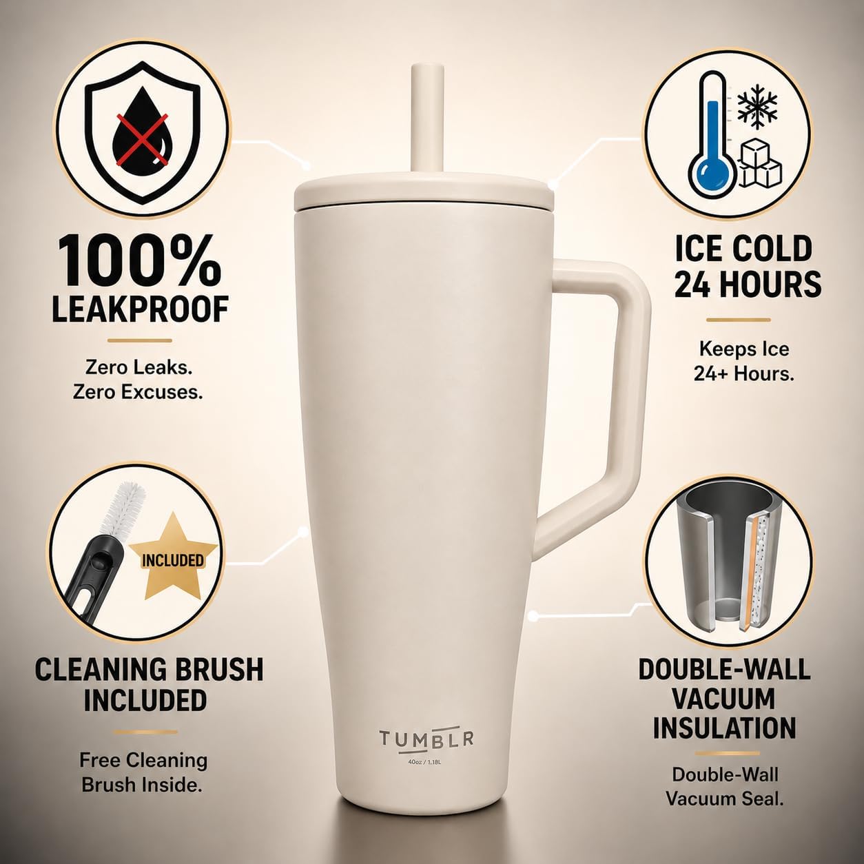 40 oz Tumbler With Straw and Handle, Leak Proof, Beige, 40 fl oz