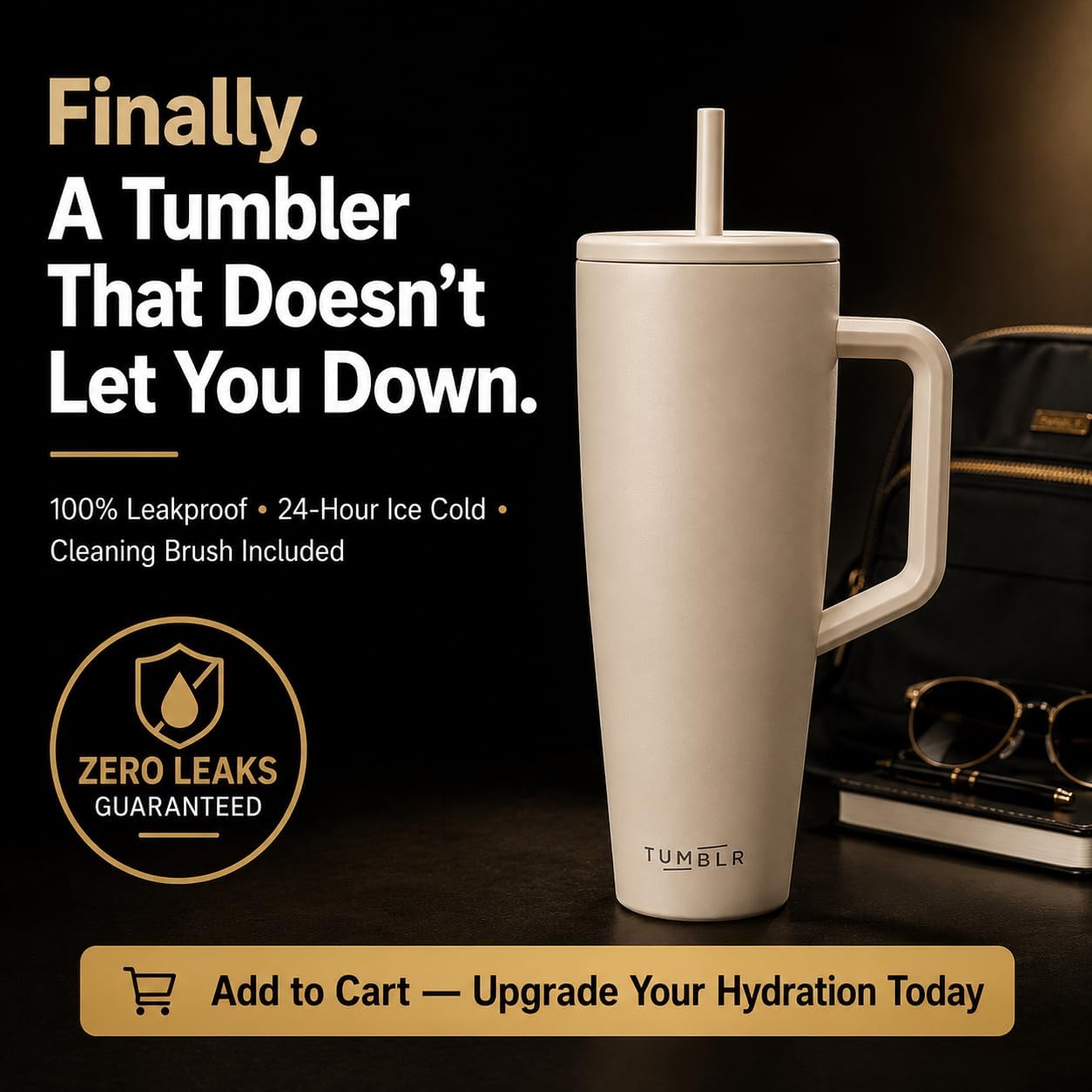 40 oz Tumbler With Straw and Handle, Leak Proof, Beige, 40 fl oz