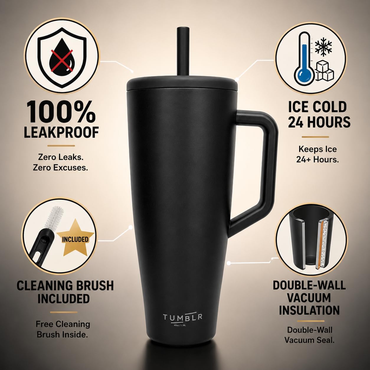 40 oz Tumbler With Straw and Handle, Leak Proof, Beige, 40 fl oz