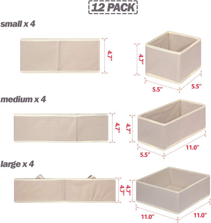 12 Pack Foldable Cloth Storage Box Closet Dresser Drawer Organizer Fabric Baskets Bins Containers Divider for Clothes Underwear Bras Socks Lingerie Clothing, Beige 444