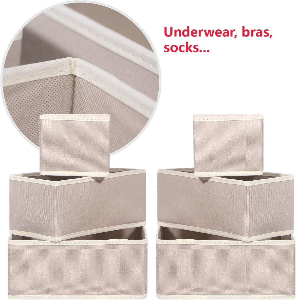 12 Pack Foldable Cloth Storage Box Closet Dresser Drawer Organizer Fabric Baskets Bins Containers Divider for Clothes Underwear Bras Socks Lingerie Clothing, Beige 444
