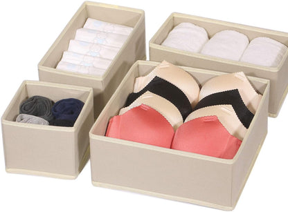 12 Pack Foldable Cloth Storage Box Closet Dresser Drawer Organizer Fabric Baskets Bins Containers Divider for Clothes Underwear Bras Socks Lingerie Clothing, Beige 444