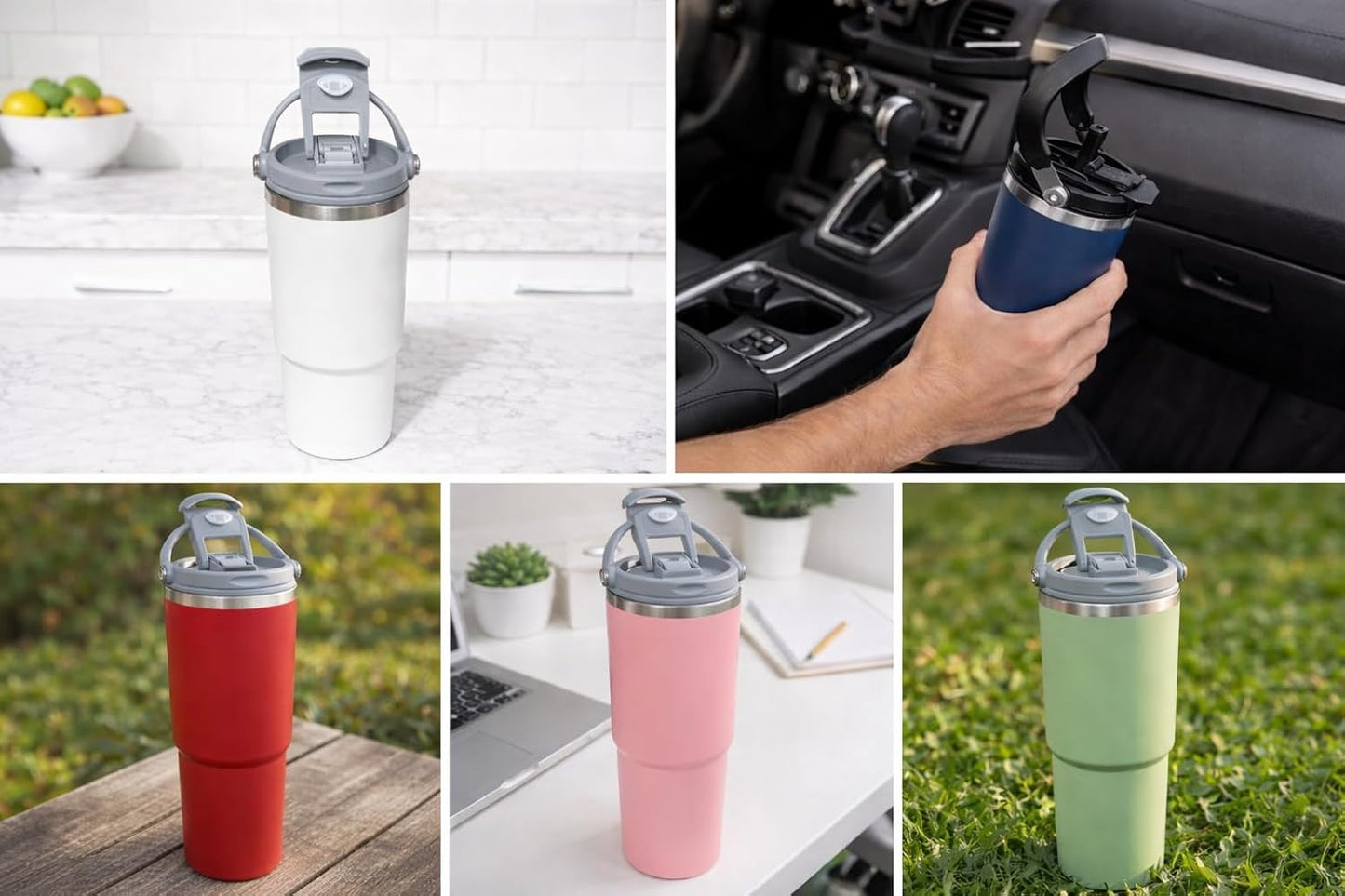 30oz Stainless Steel Vacuum Insulated Tumbler with 3-Way Lid & Foldable Handle – Double Wall Travel Mug, Leak Resistant, Keeps Drinks Hot & Cold for Hours (Pink)