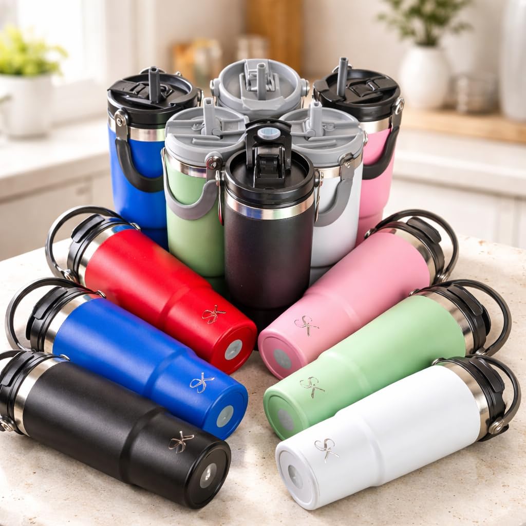 30oz Stainless Steel Vacuum Insulated Tumbler with 3-Way Lid & Foldable Handle – Double Wall Travel Mug, Leak Resistant, Keeps Drinks Hot & Cold for Hours (Pink)