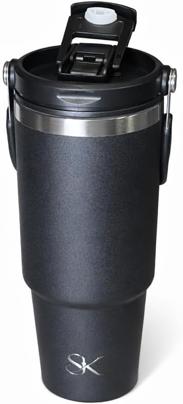 30oz Stainless Steel Vacuum Insulated Tumbler with 3-Way Lid & Foldable Handle – Double Wall Travel Mug, Leak Resistant, Keeps Drinks Hot & Cold for Hours (Pink)