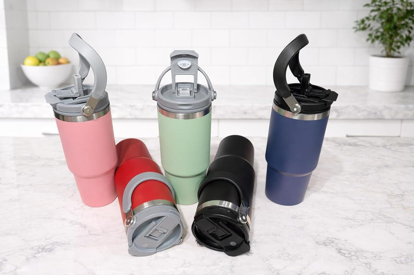 30oz Stainless Steel Vacuum Insulated Tumbler with 3-Way Lid & Foldable Handle – Double Wall Travel Mug, Leak Resistant, Keeps Drinks Hot & Cold for Hours (Pink)