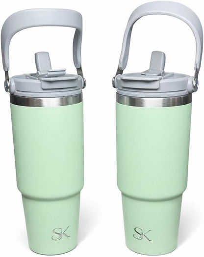 30oz Stainless Steel Vacuum Insulated Tumbler with 3-Way Lid & Foldable Handle – Double Wall Travel Mug, Leak Resistant, Keeps Drinks Hot & Cold for Hours (Pink)