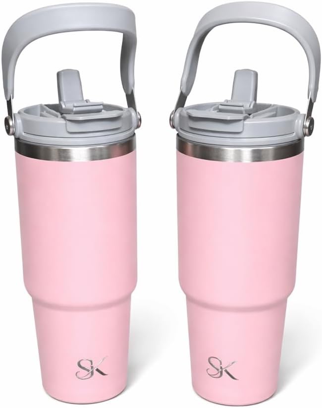 30oz Stainless Steel Vacuum Insulated Tumbler with 3-Way Lid & Foldable Handle – Double Wall Travel Mug, Leak Resistant, Keeps Drinks Hot & Cold for Hours (Pink)