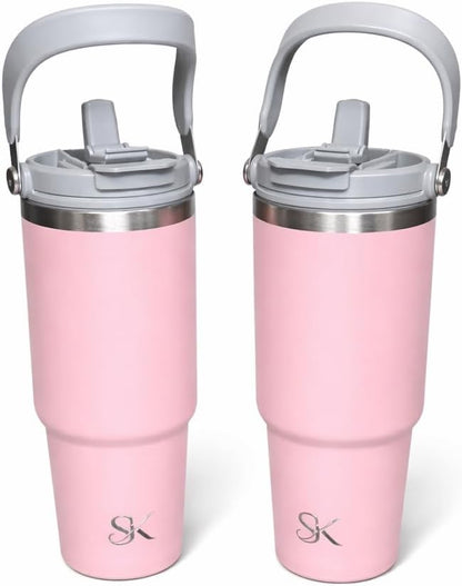 30oz Stainless Steel Vacuum Insulated Tumbler with 3-Way Lid & Foldable Handle – Double Wall Travel Mug, Leak Resistant, Keeps Drinks Hot & Cold for Hours (Pink)
