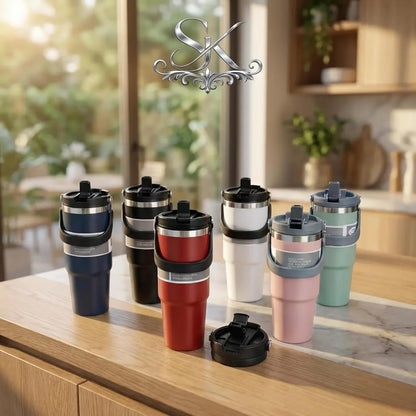 30oz Stainless Steel Vacuum Insulated Tumbler with 3-Way Lid & Foldable Handle – Double Wall Travel Mug, Leak Resistant, Keeps Drinks Hot & Cold for Hours (Pink)