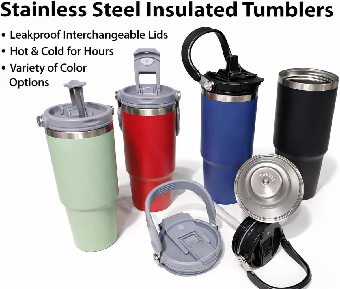 30oz Stainless Steel Vacuum Insulated Tumbler with 3-Way Lid & Foldable Handle – Double Wall Travel Mug, Leak Resistant, Keeps Drinks Hot & Cold for Hours (Pink)