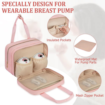 Breastmilk Cooler Travel Bag, Wearable Breast Pump Storage Bag Compatible with Momcozy/Eufy/Paruu/Elvie/Willow/Medela Breast Pump with Ice Pack and Waterproof Mat,Pink