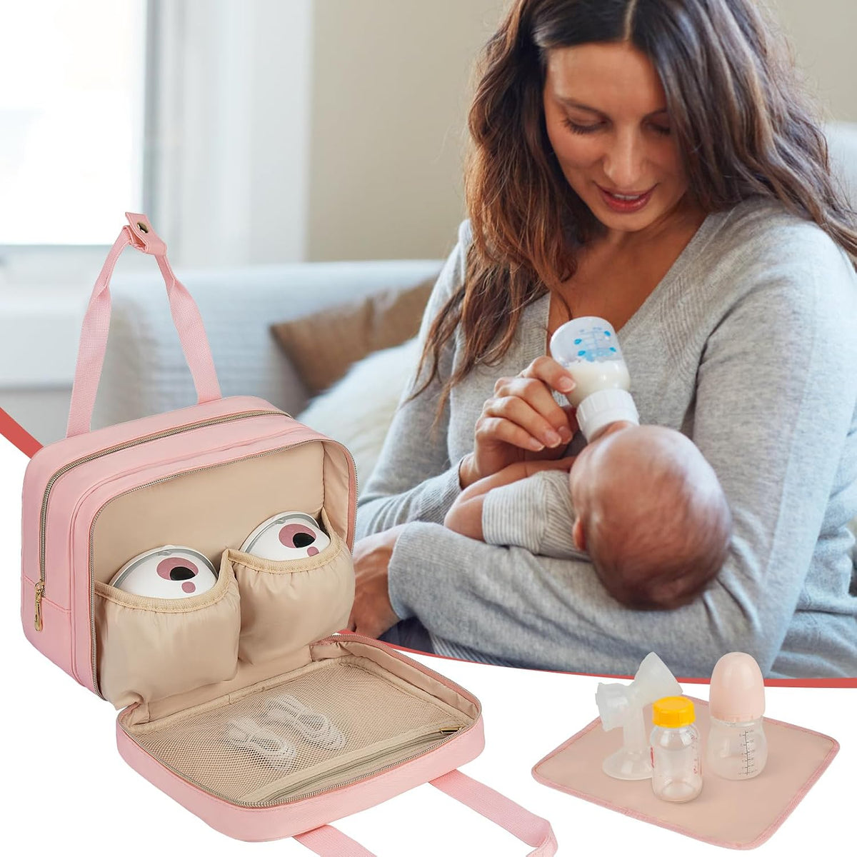 Breastmilk Cooler Travel Bag, Wearable Breast Pump Storage Bag Compatible with Momcozy/Eufy/Paruu/Elvie/Willow/Medela Breast Pump with Ice Pack and Waterproof Mat,Pink