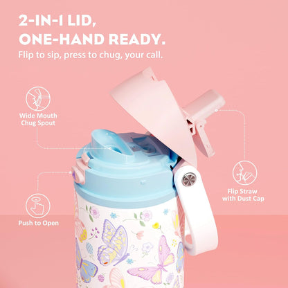 24 oz Travel Water Bottle: 2-in-1 Push-Button Spout & Quick-Flip Straw, Leakproof, Cold 24Hrs, Fits Car Cup Holder, Stainless Steel Cup for Sports, School, Commute, Camping (Mouse's Mischief) - Colors A