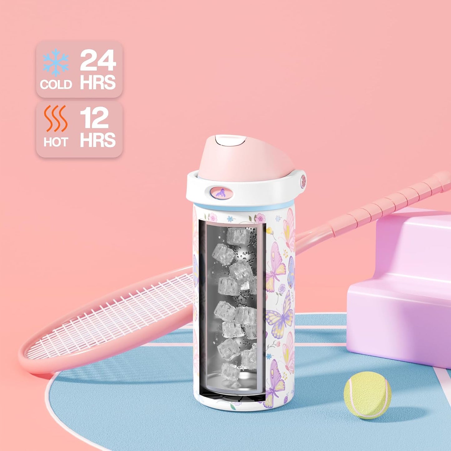 24 oz Travel Water Bottle: 2-in-1 Push-Button Spout & Quick-Flip Straw, Leakproof, Cold 24Hrs, Fits Car Cup Holder, Stainless Steel Cup for Sports, School, Commute, Camping (Mouse's Mischief) - Colors A