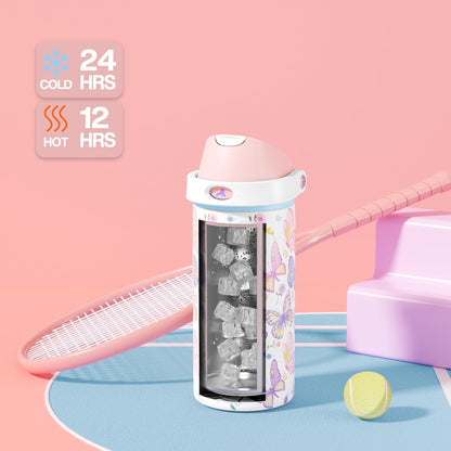 24 oz Travel Water Bottle: 2-in-1 Push-Button Spout & Quick-Flip Straw, Leakproof, Cold 24Hrs, Fits Car Cup Holder, Stainless Steel Cup for Sports, School, Commute, Camping (Mouse's Mischief) - Colors A