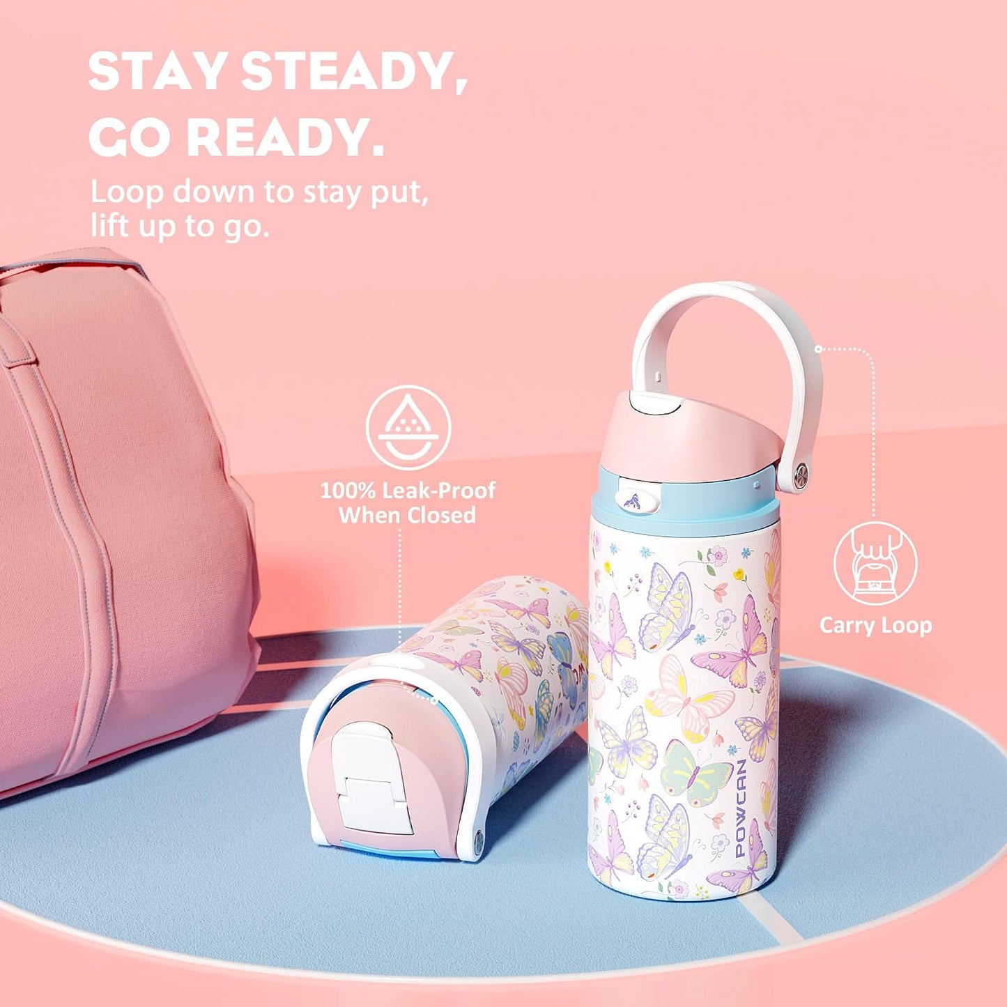 24 oz Travel Water Bottle: 2-in-1 Push-Button Spout & Quick-Flip Straw, Leakproof, Cold 24Hrs, Fits Car Cup Holder, Stainless Steel Cup for Sports, School, Commute, Camping (Mouse's Mischief) - Colors A