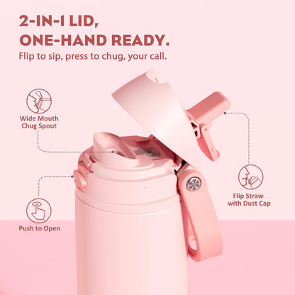 24 oz Travel Water Bottle: 2-in-1 Push-Button Spout & Quick-Flip Straw, Leakproof, Cold 24Hrs, Fits Car Cup Holder, Stainless Steel Cup for Sports, School, Commute, Camping (Mouse's Mischief) - Colors A