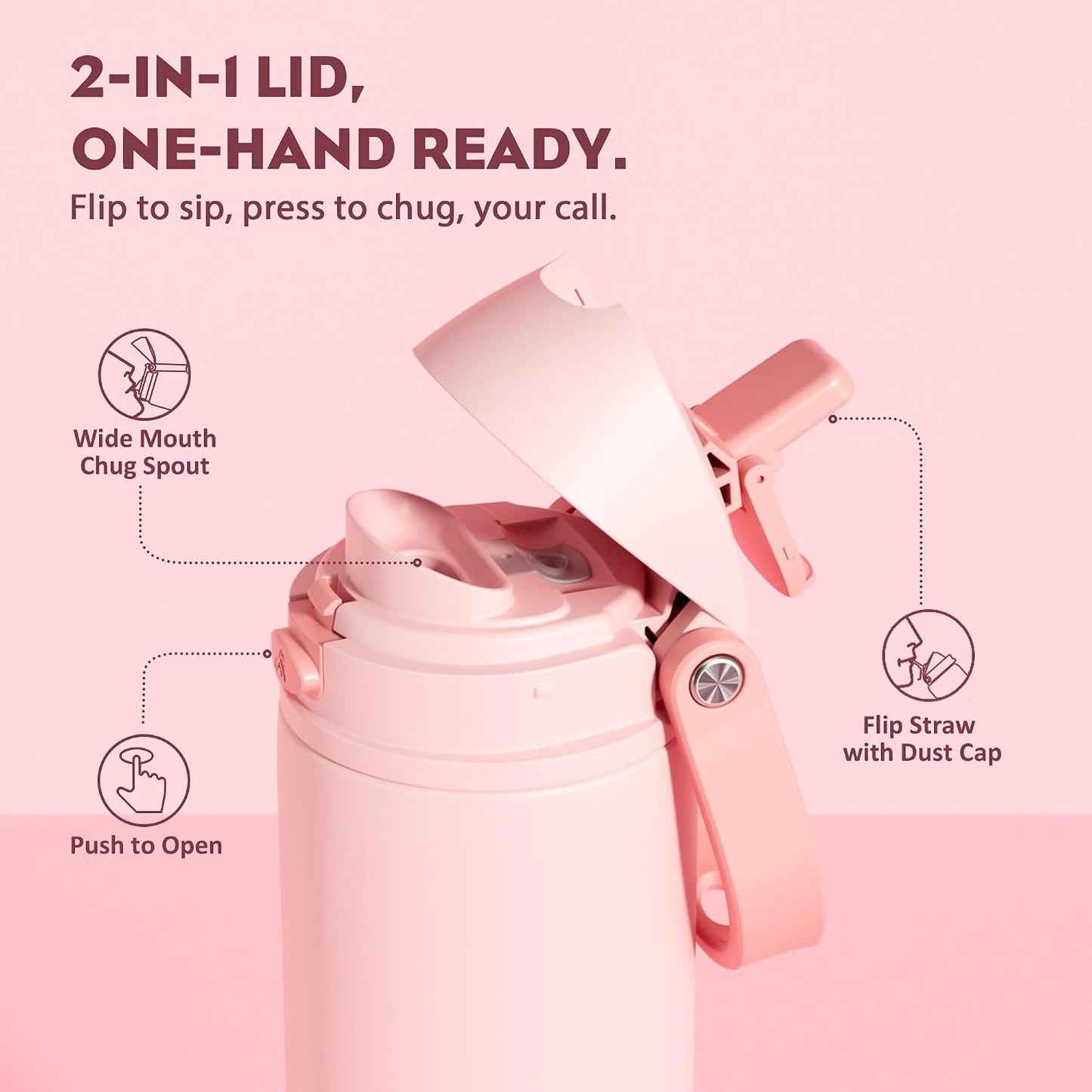 24 oz Travel Water Bottle: 2-in-1 Push-Button Spout & Quick-Flip Straw, Leakproof, Cold 24Hrs, Fits Car Cup Holder, Stainless Steel Cup for Sports, School, Commute, Camping (Mouse's Mischief) - Colors A