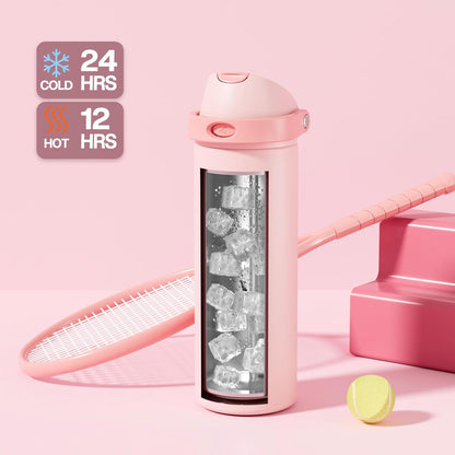 24 oz Travel Water Bottle: 2-in-1 Push-Button Spout & Quick-Flip Straw, Leakproof, Cold 24Hrs, Fits Car Cup Holder, Stainless Steel Cup for Sports, School, Commute, Camping (Mouse's Mischief) - Colors A
