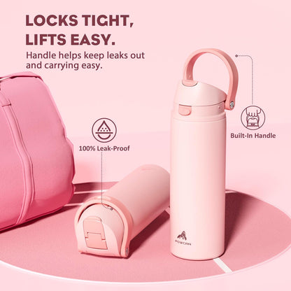 24 oz Travel Water Bottle: 2-in-1 Push-Button Spout & Quick-Flip Straw, Leakproof, Cold 24Hrs, Fits Car Cup Holder, Stainless Steel Cup for Sports, School, Commute, Camping (Mouse's Mischief) - Colors A