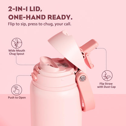 24 oz Travel Water Bottle: 2-in-1 Push-Button Spout & Quick-Flip Straw, Leakproof, Cold 24Hrs, Fits Car Cup Holder, Stainless Steel Cup for Sports, School, Commute, Camping (Mouse's Mischief) - Colors A