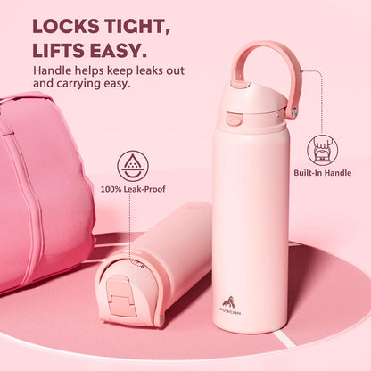24 oz Travel Water Bottle: 2-in-1 Push-Button Spout & Quick-Flip Straw, Leakproof, Cold 24Hrs, Fits Car Cup Holder, Stainless Steel Cup for Sports, School, Commute, Camping (Mouse's Mischief) - Colors A