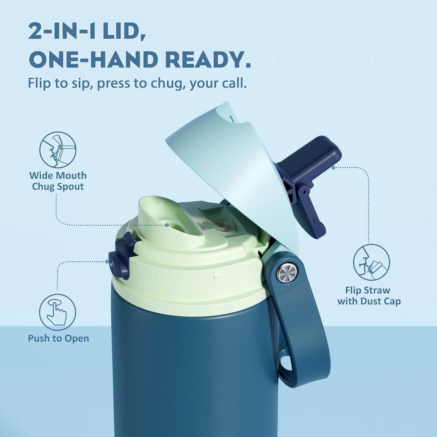 24 oz Travel Water Bottle: 2-in-1 Push-Button Spout & Quick-Flip Straw, Leakproof, Cold 24Hrs, Fits Car Cup Holder, Stainless Steel Cup for Sports, School, Commute, Camping (Mouse's Mischief) - Colors A