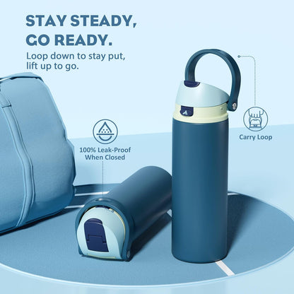 24 oz Travel Water Bottle: 2-in-1 Push-Button Spout & Quick-Flip Straw, Leakproof, Cold 24Hrs, Fits Car Cup Holder, Stainless Steel Cup for Sports, School, Commute, Camping (Mouse's Mischief) - Colors A