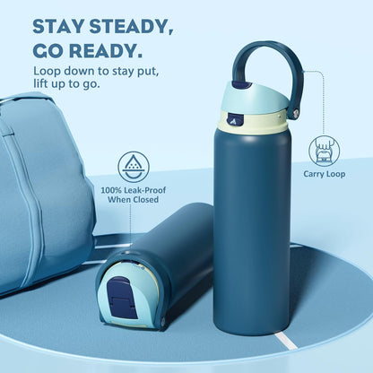 24 oz Travel Water Bottle: 2-in-1 Push-Button Spout & Quick-Flip Straw, Leakproof, Cold 24Hrs, Fits Car Cup Holder, Stainless Steel Cup for Sports, School, Commute, Camping (Mouse's Mischief) - Colors A