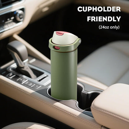 24 oz Travel Water Bottle: 2-in-1 Push-Button Spout & Quick-Flip Straw, Leakproof, Cold 24Hrs, Fits Car Cup Holder, Stainless Steel Cup for Sports, School, Commute, Camping (Mouse's Mischief) - Colors A