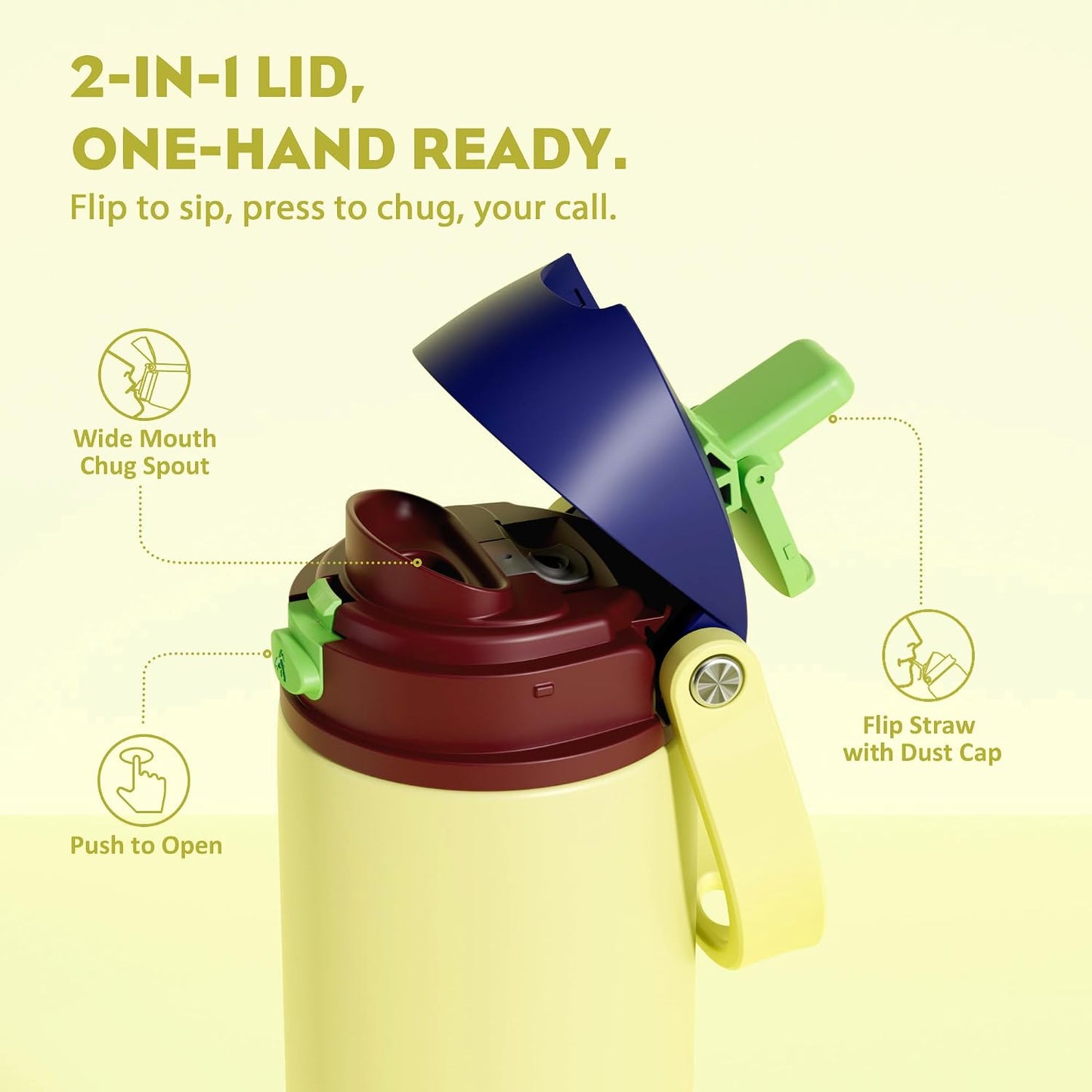 24 oz Travel Water Bottle: 2-in-1 Push-Button Spout & Quick-Flip Straw, Leakproof, Cold 24Hrs, Fits Car Cup Holder, Stainless Steel Cup for Sports, School, Commute, Camping (Mouse's Mischief) - Colors A
