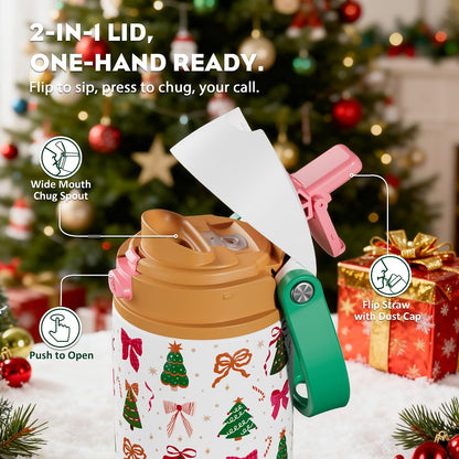 24 oz Travel Water Bottle: 2-in-1 Push-Button Spout & Quick-Flip Straw, Leakproof, Cold 24Hrs, Fits Car Cup Holder, Stainless Steel Cup for Sports, School, Commute, Camping (Mouse's Mischief) - Colors A