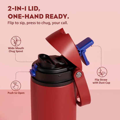24 oz Travel Water Bottle: 2-in-1 Push-Button Spout & Quick-Flip Straw, Leakproof, Cold 24Hrs, Fits Car Cup Holder, Stainless Steel Cup for Sports, School, Commute, Camping (Mouse's Mischief) - Colors A