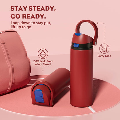 24 oz Travel Water Bottle: 2-in-1 Push-Button Spout & Quick-Flip Straw, Leakproof, Cold 24Hrs, Fits Car Cup Holder, Stainless Steel Cup for Sports, School, Commute, Camping (Mouse's Mischief) - Colors A